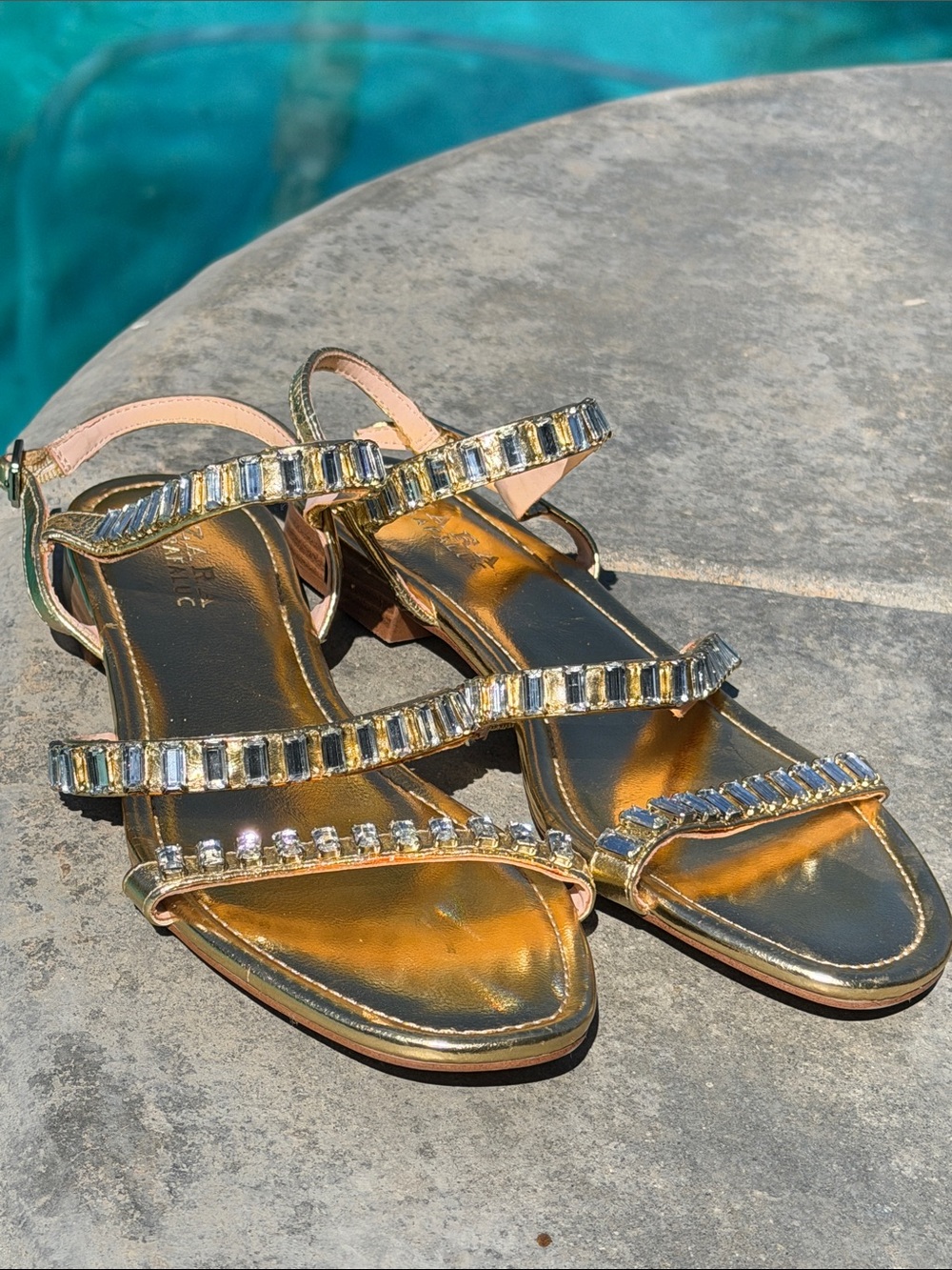Zara Trafaluc Crystal Embellished Flat Gold Leather Sandals size 38 US 7.5 UK 5
